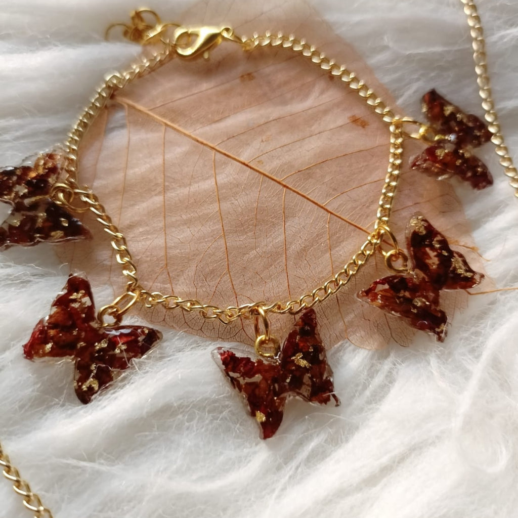 Handcrafted Resin Floral Hexagon Pendant & Butterfly Charm Bracelet Set