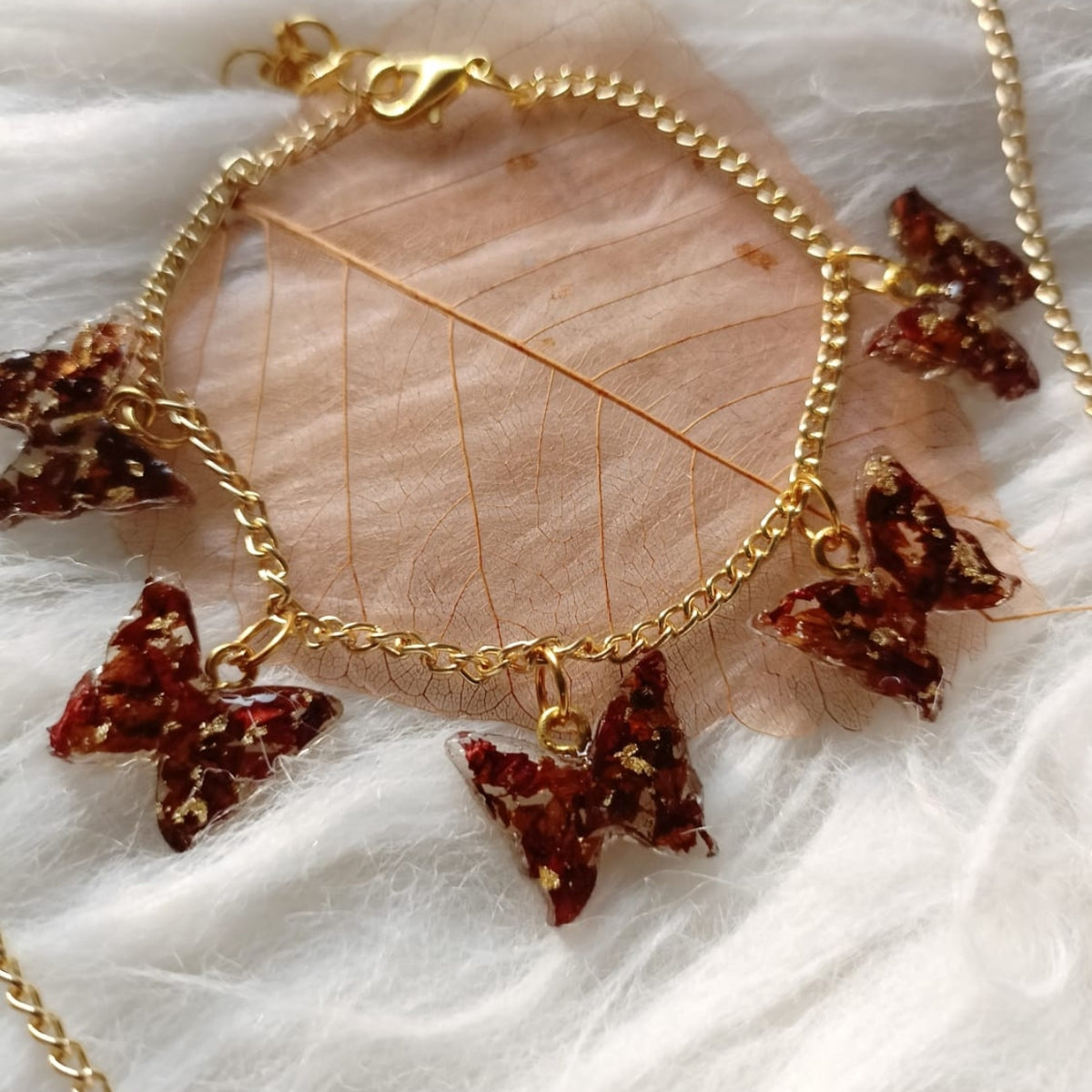 Handcrafted Resin Floral Hexagon Pendant & Butterfly Charm Bracelet Set