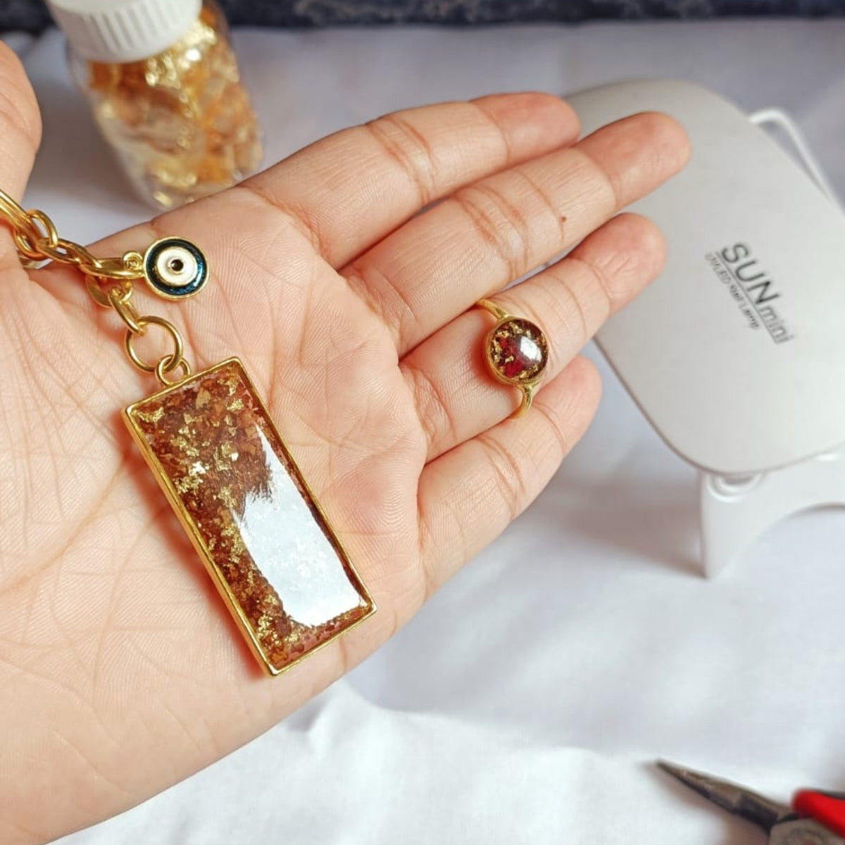 Handcrafted Resin Floral Rectangle Keychain & Ring Keepsake Duo